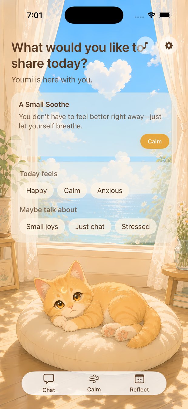 Youmi home screen — a kitten resting on a cushion by a sunny window